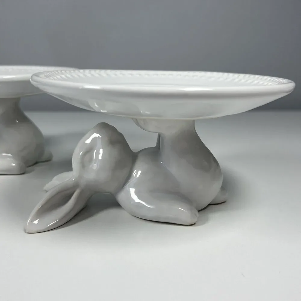Pottery Barn Easter Bunny Dessert Cupcake Stand White Glazed Stoneware Set